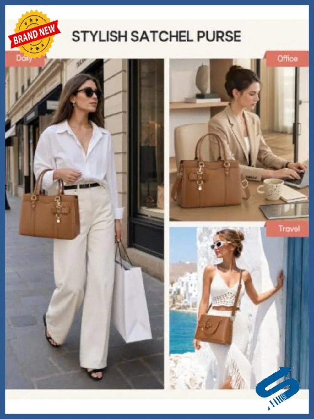 PU Leather Satchel Handbag, Multi-Pocket Work Travel Purse fits iPad, Crossbody